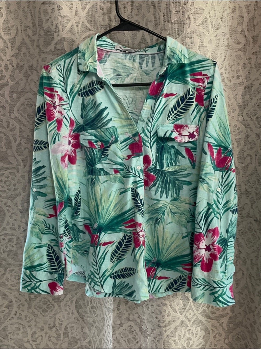 Tommy Bahama Large Womens Floral Button-Up Shirt - Mint with Pink Floral